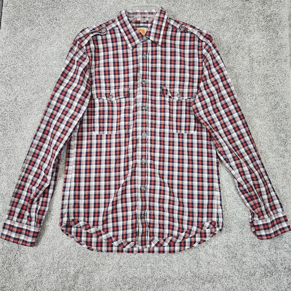 BOSS Orange Shirt Mens Medium Blue Red Check Long Sleeve Button Up Cotton